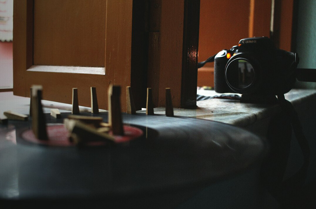 Close-up of film reels on an editing table