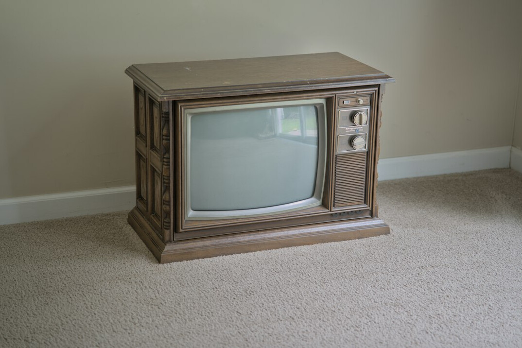 Retro television news anchor desk set